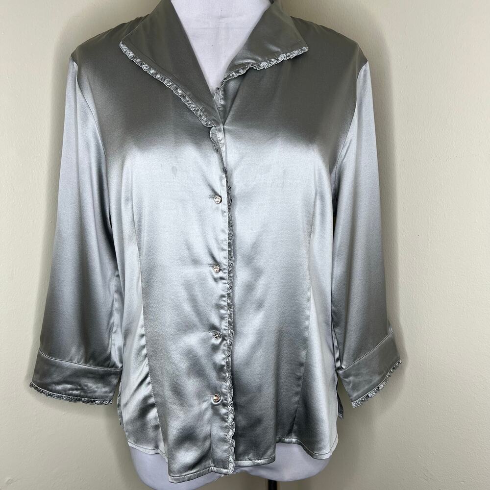 Doncaster Collection Silk Top 12 Womens Gray Silver Rhinestone Ruffle Satin Work